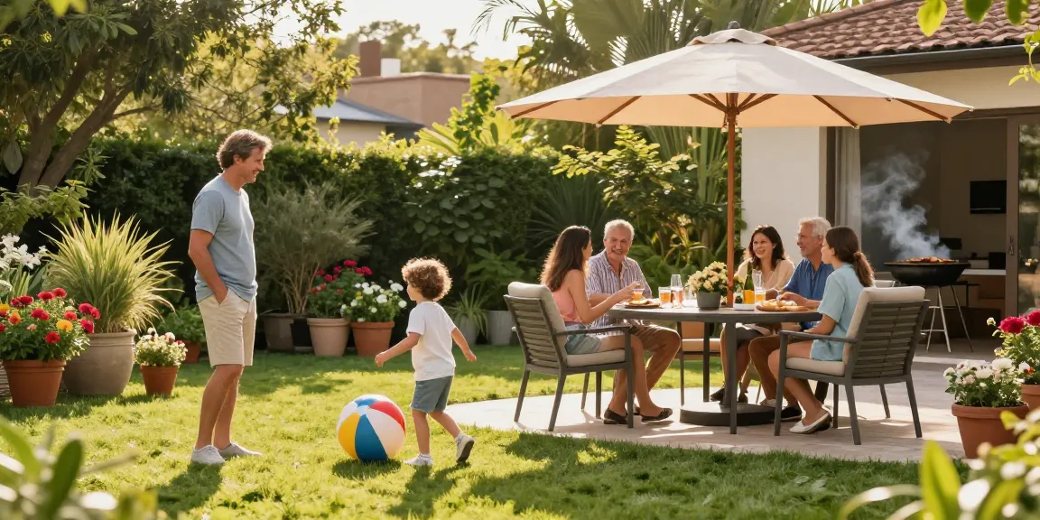 Family enjoying a summer day with outdoor patio furniture in a vibrant garden setting