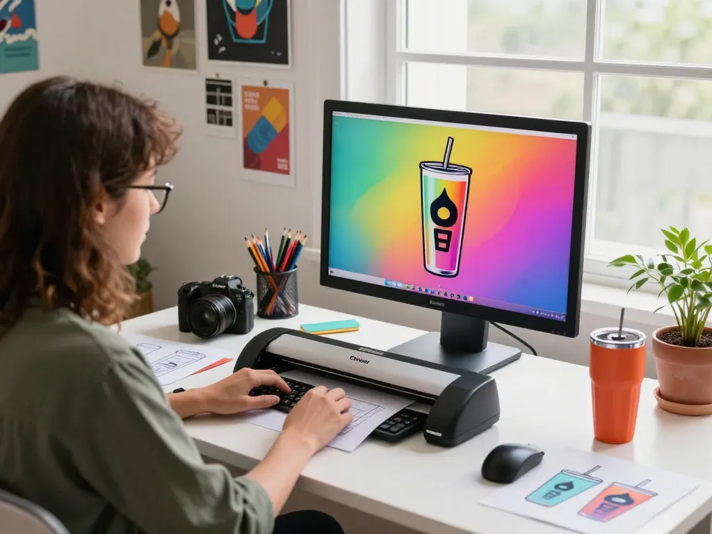 Designer creating unique SVG files for tumblers at a vibrant workspace with Cricut tools.