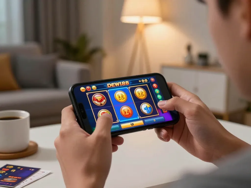 Terlibat dalam permainan slot online DEWI88 di smartphone dalam suasana ruang tamu yang nyaman