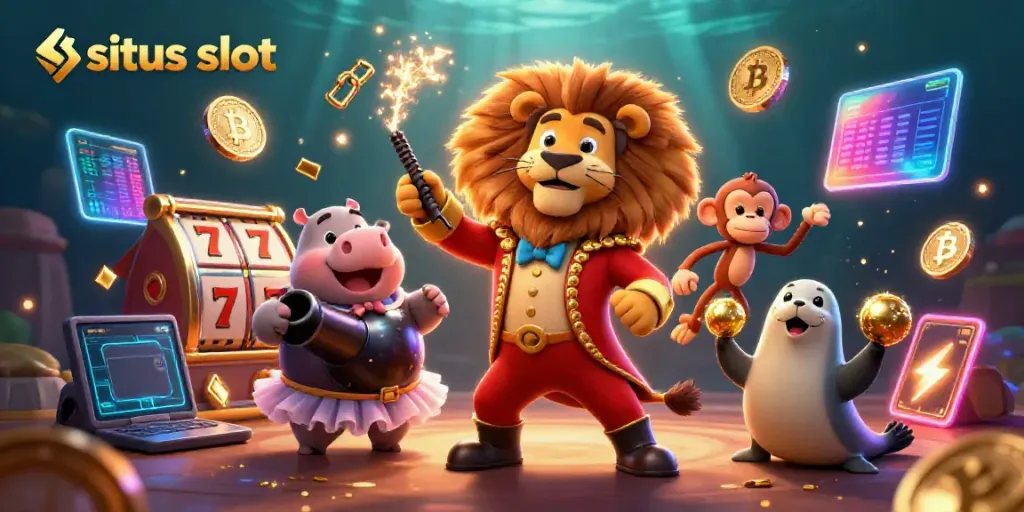 Experience the excitement of situs slot with a vibrant 3D casino scene featuring animated characters and crypto elements.