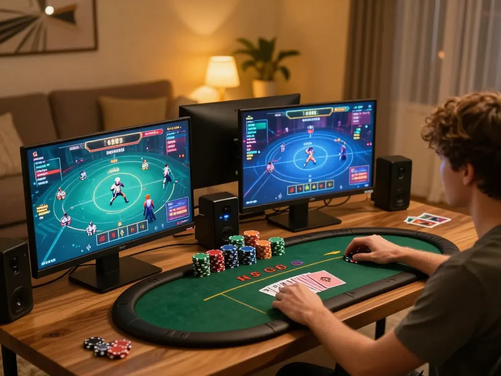 RR88 NAVY player strategizing with multiple screens in a modern gaming setup.