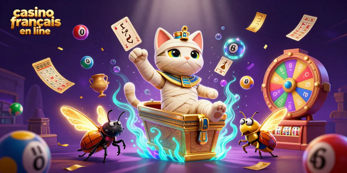 Jouer au casino francais en ligne avec une illustration 3D dynamique de sphinx et éléments de loterie.