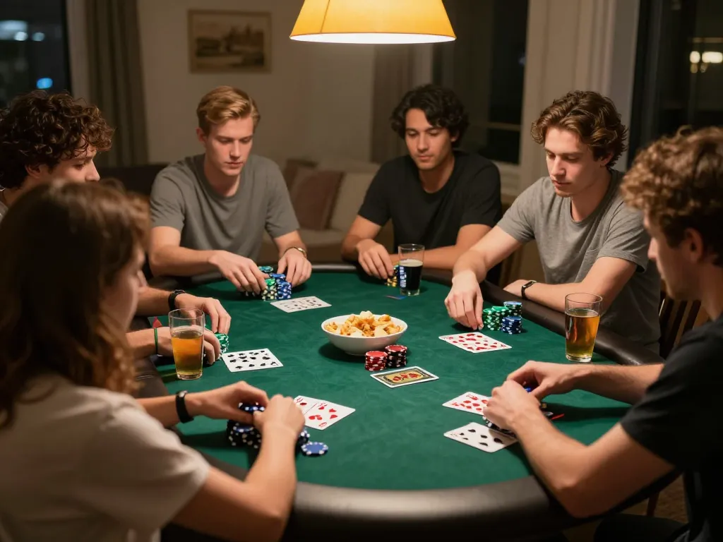 Engaging friends in a home poker night enjoying gojekpot while placing bets on cards.