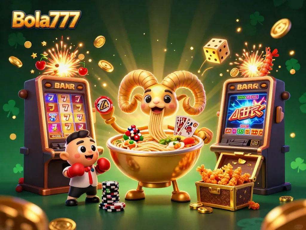 Bola777 menghibur dengan ilustrasi kasino penuh warna, kartu dan chip bertebaran.
