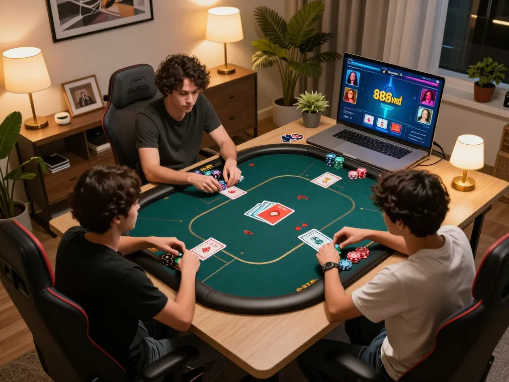 Players strategizing and betting on 888vnd's online poker table in a cozy home environment.