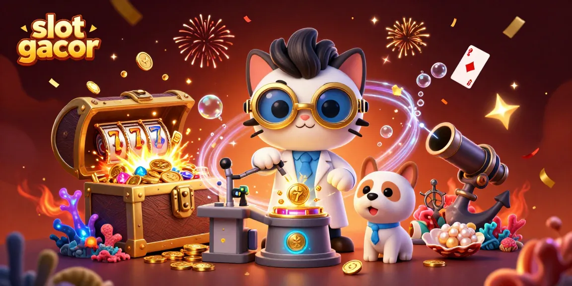 Engage with the slot gacor scene featuring mad scientist cat and assistant amidst treasures and slot symbols.