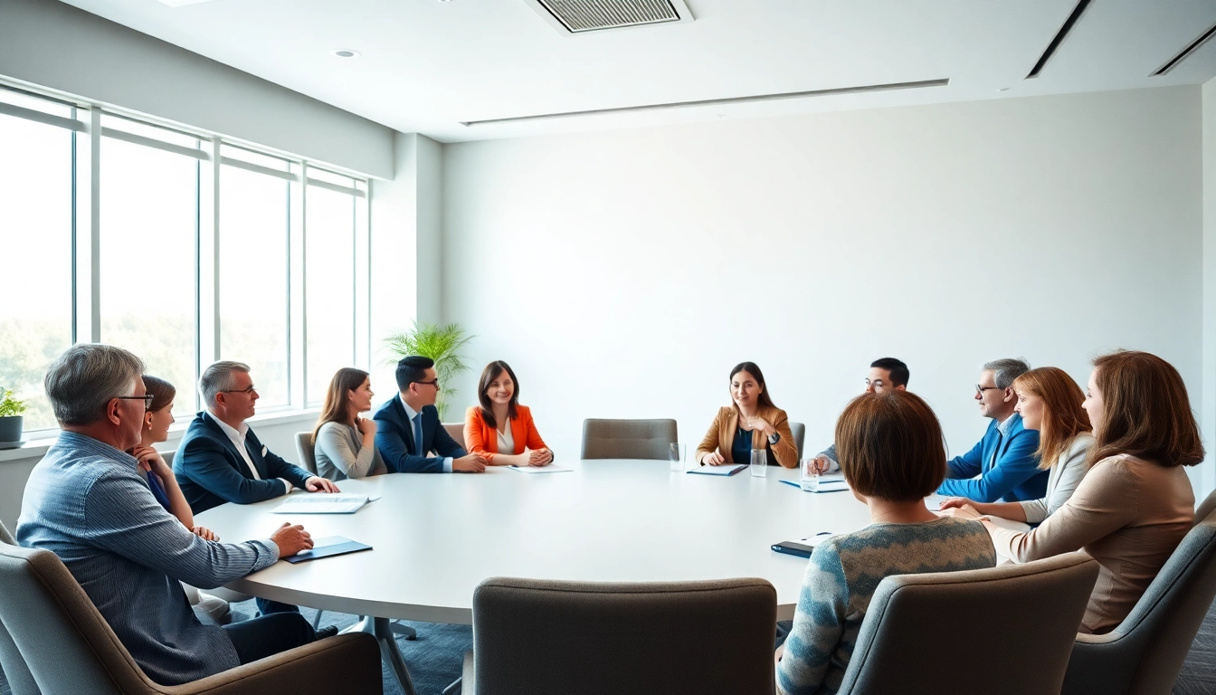 Mediation session showcasing a diverse group in collaborative discussion within a bright conference room.