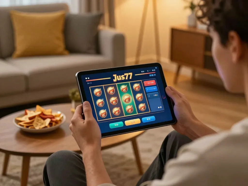 Engaging with jus77 slot gameplay on a tablet in a cozy home setting, emphasizing responsible gaming