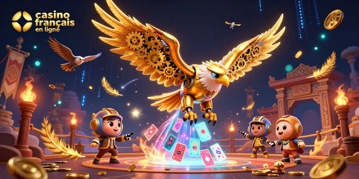 Illustration 3D captivante représentant un casino français en ligne avec un aigle doré et des cartes holographiques.