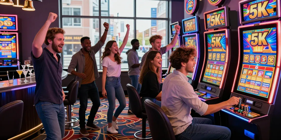 Friends celebrating a win at slot 5k machine in a lively casino atmosphere, colorful lights and excitement.