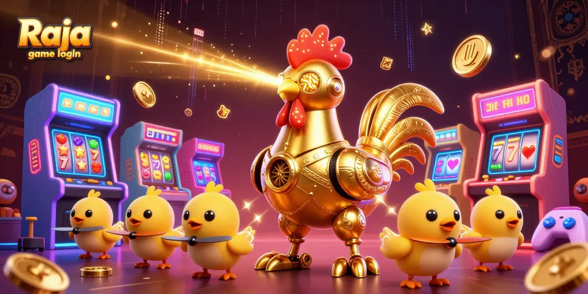 Engage in Raja game login with a vibrant casino scene featuring robots, arcade games, and golden elements.