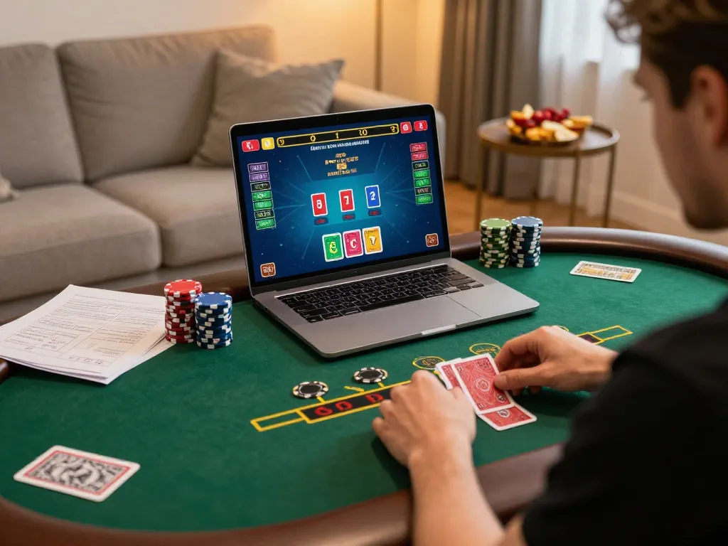 Onbet player enjoying live dealer game on laptop while managing bankroll and strategies.