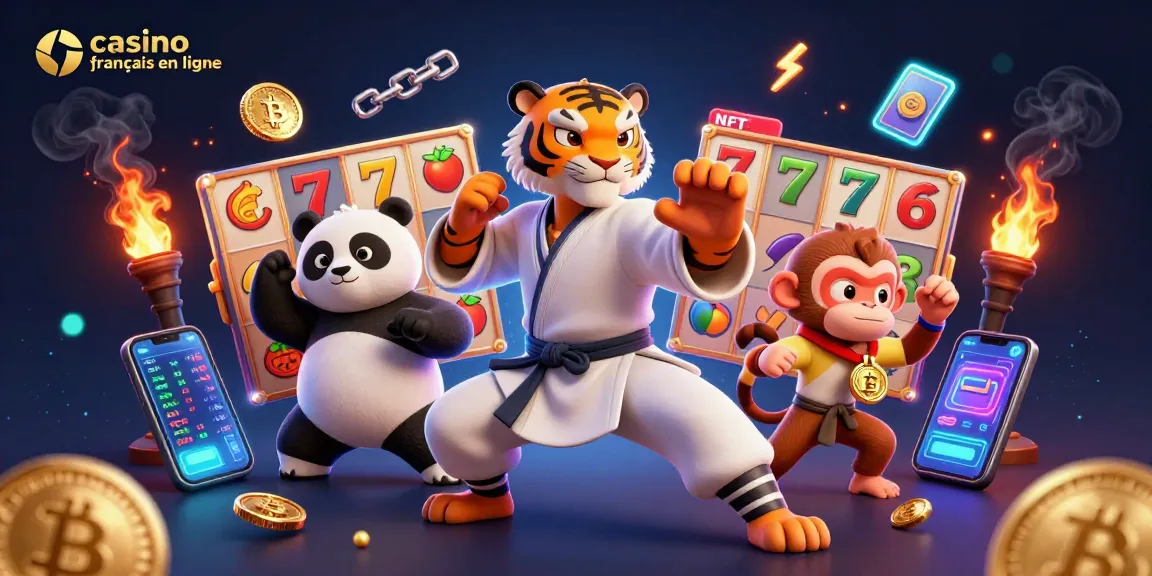 Jouer sur le casino français en ligne avec un tigre maître kung-fu et des personnages amusants entourés de jeux.