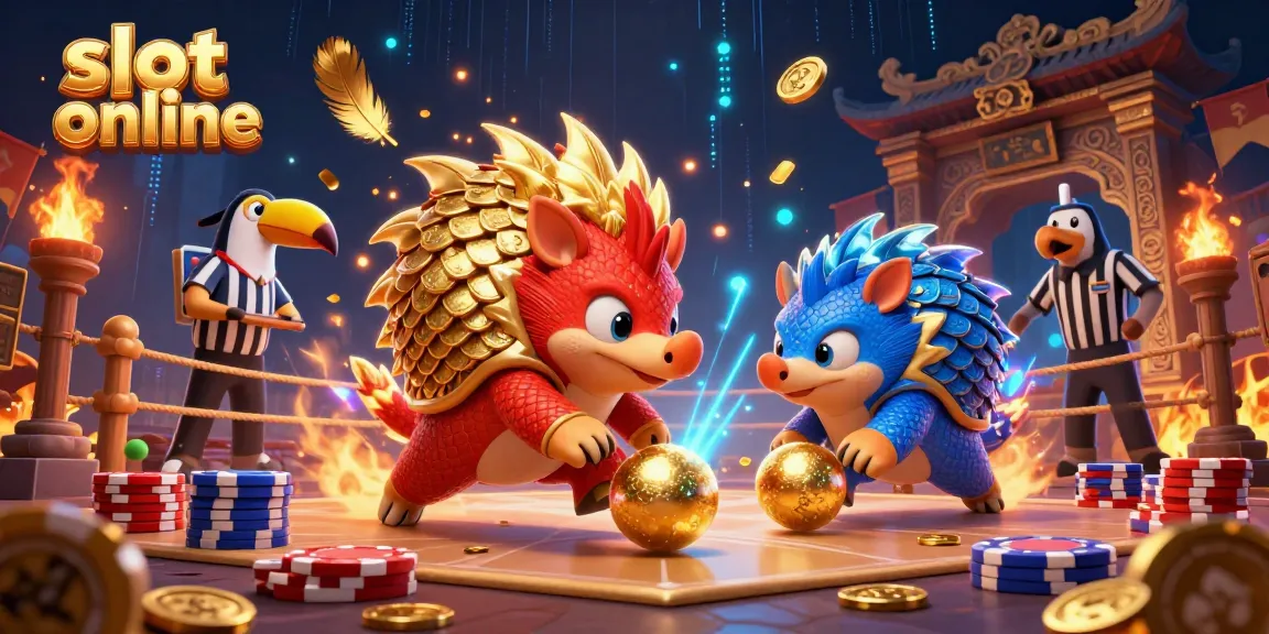 Experience the thrill of slot online games with animated pangolins competing in a vibrant casino scene.