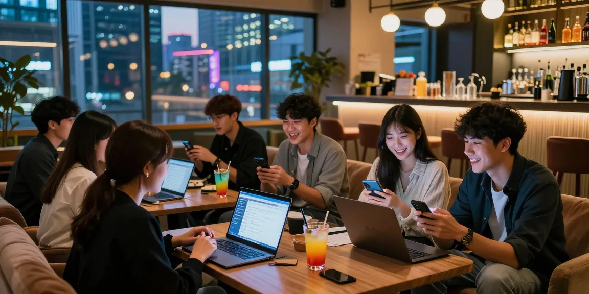 강남에서 퀸알바 정보를 찾는 청년들이 모인 도심 라운지 풍경