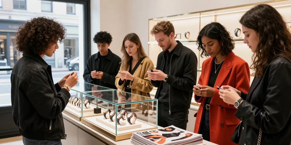 Super clone watches showcased in a stylish boutique setting with diverse friends exploring luxury alternatives.