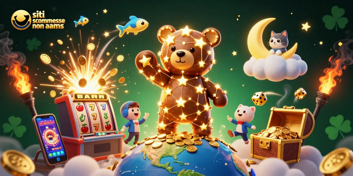Scopri i siti scommesse non AAMS con l'illustrazione di un'orsa luminosa che raccoglie monete dalla Terra, accompagnata da elementi di casinò.