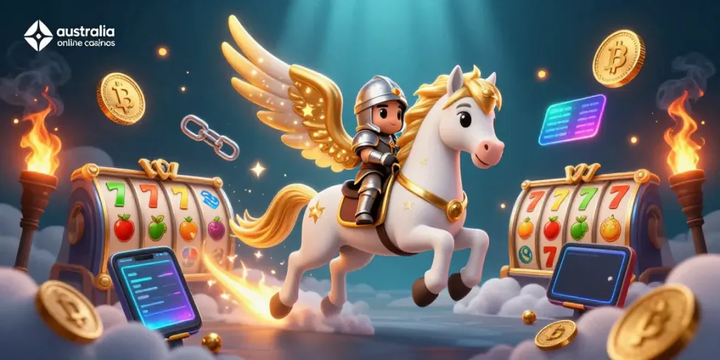 Experience exciting gameplay at australia online casinos with a majestic celestial horse and dynamic slot symbols.