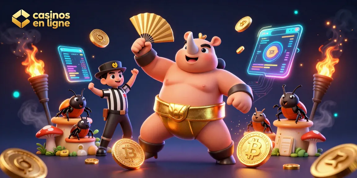 Illustration dynamique de casinos en ligne avec un rhinocéros et des éléments de crypto-monnaie.