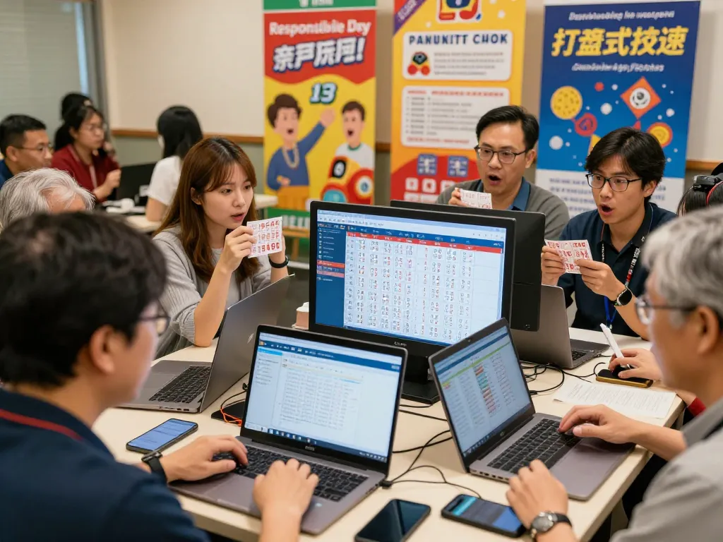 Excited players engaged in HK Lotto result tracking at a community center.