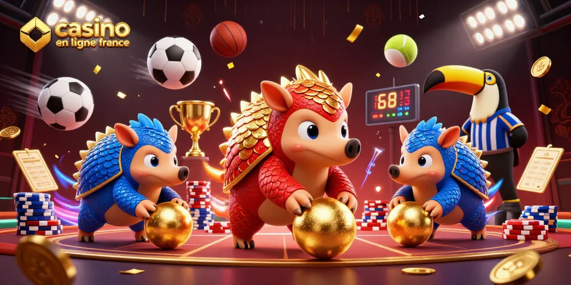 Jouez au casino en ligne France avec des pangolins rivalisant entre eux, entourés de paillettes et de jetons.