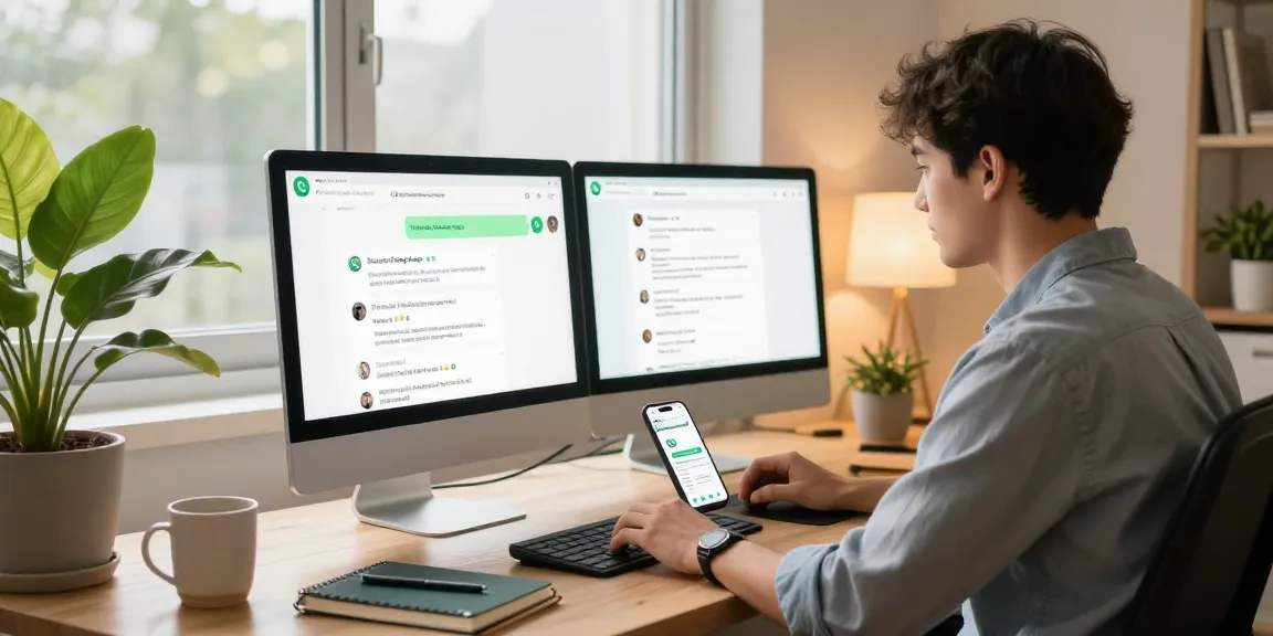 Using WhatsApp電腦版 on a desktop in a modern home office with warm lighting and productivity elements.