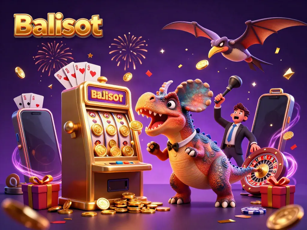 Balislot brings excitement as a cartoon dinosaur celebrates a jackpot win at a vibrant casino scene.