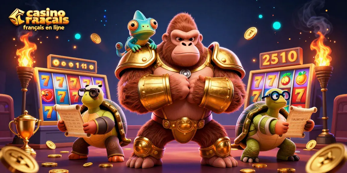 Le gorille roi avec l'armure dorée illustre le casino français en ligne avec des rouleaux de machine à sous.