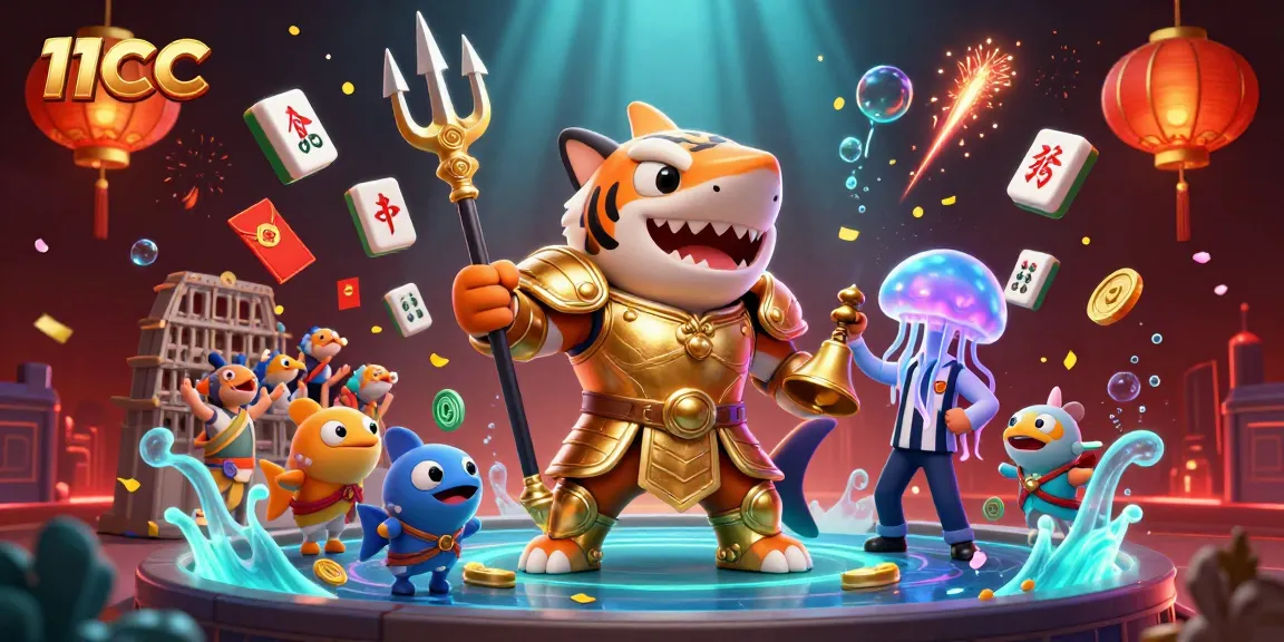 Engage with thrilling action in 11CC’s lively underwater casino scene featuring a tiger shark and colorful game elements.