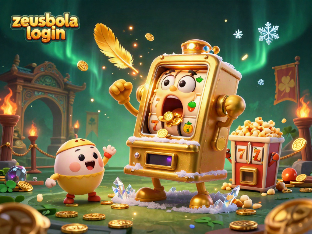 Engaging illustration showcasing zeusbola login with a vibrant golden slot machine celebrating its jackpot surrounded by cheering companions and casino elements.