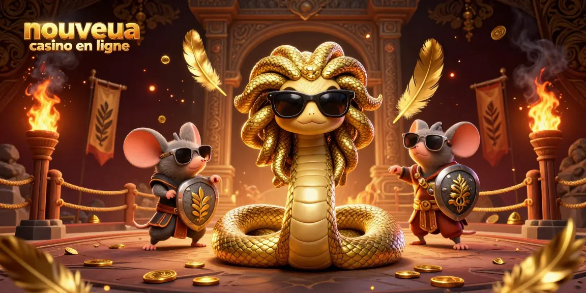 Visualisez un nouveau casino en ligne avec Medusa et un héros souris, entourés d'éléments dorés.