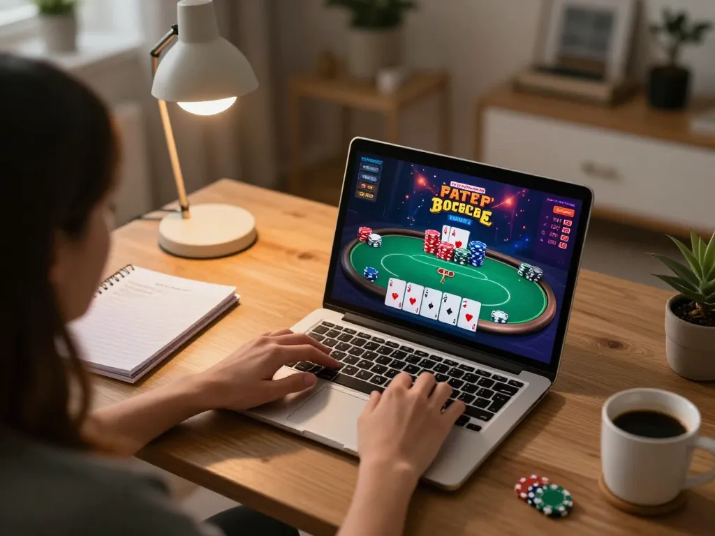 Players engaging in strategic online poker gaming at home with TG88 platform visible on screen.