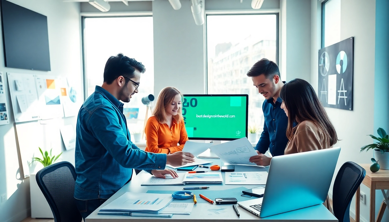 Engaged designers collaborating in a bright studio while showcasing https://bestdesignersintheworld.com/ on their screens.