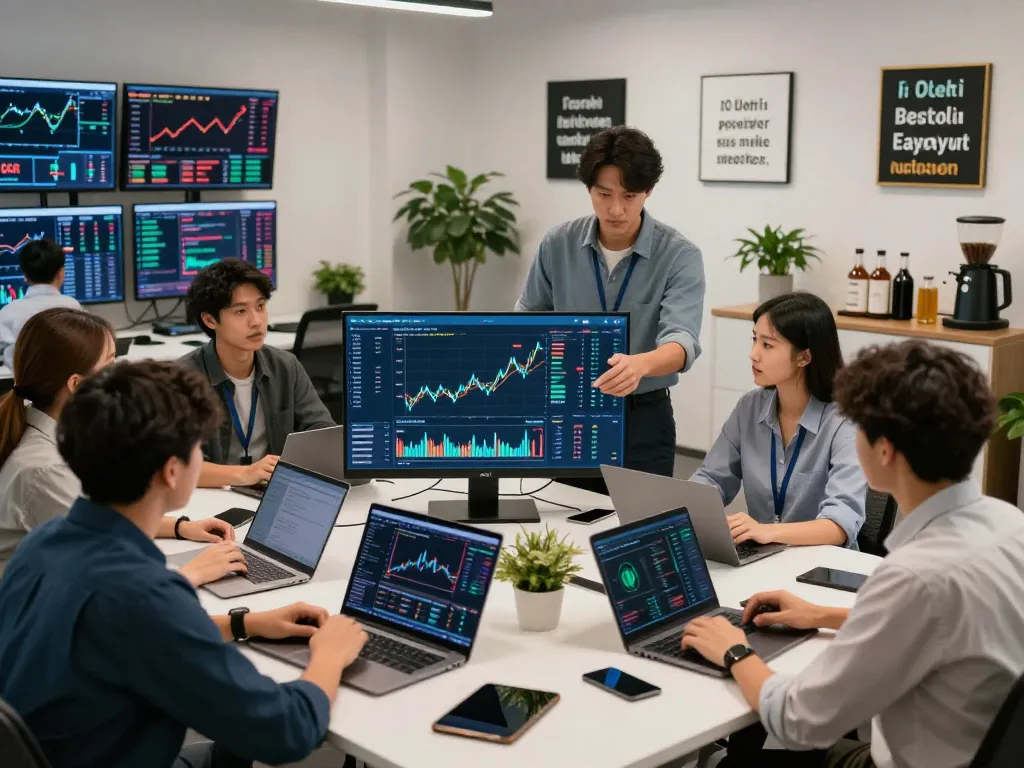 Professionals discussing strategies for IO DeFi performance in a contemporary cryptocurrency office setting.
