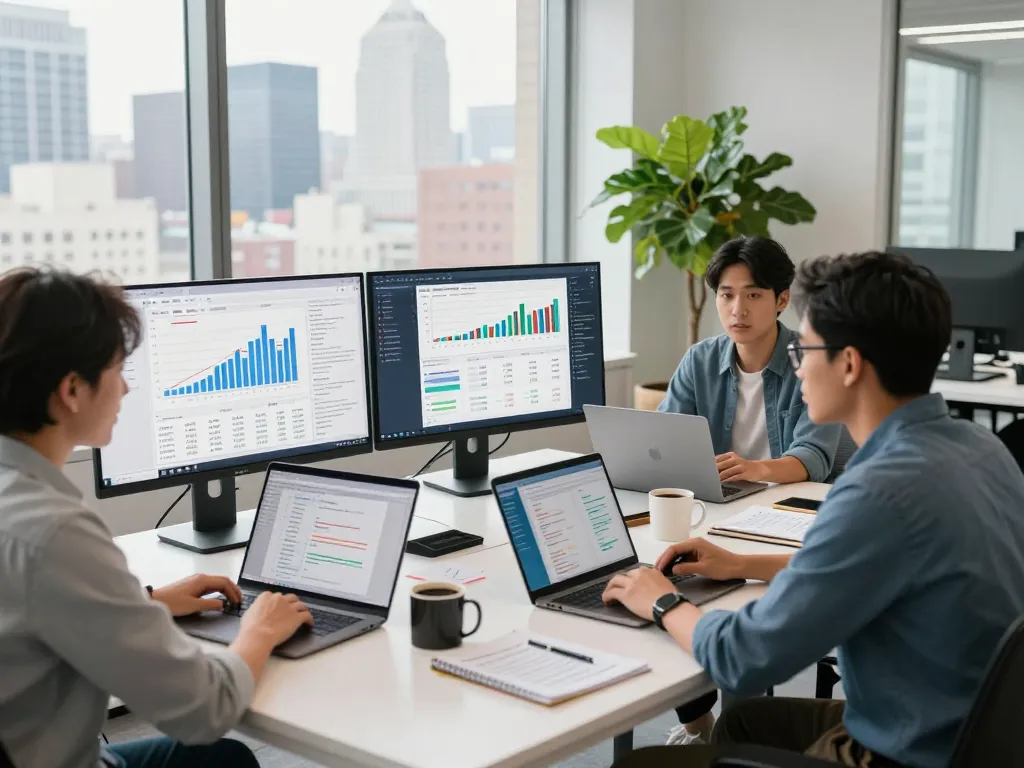 Dynamic workspace showcasing New York SEO services team strategizing with digital marketing tools.