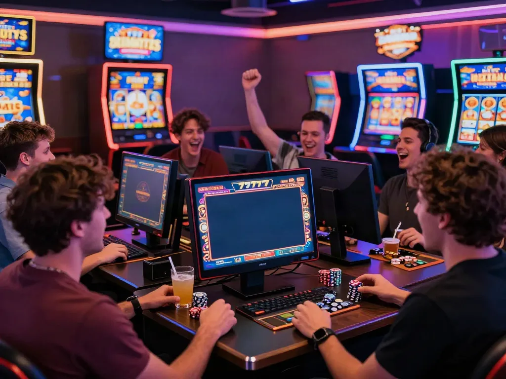Slot777 permainan mesin slot yang menarik dengan pemain bersemangat di kasino.