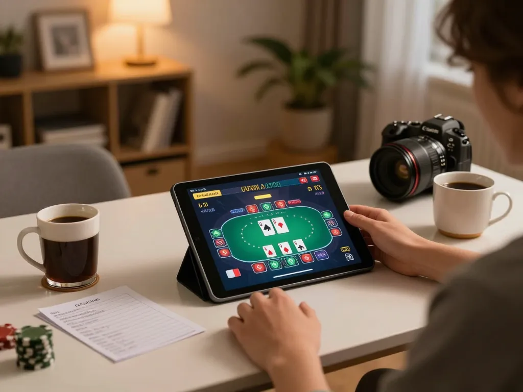 Engaging with BK88 poker on a tablet in a cozy home setup, providing a personalized gaming experience.