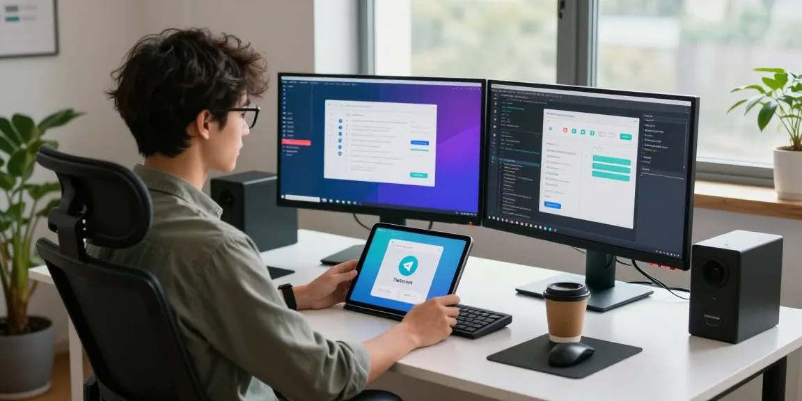 Engaging workspace of a developer showcasing telegram官网 features with coding and design.