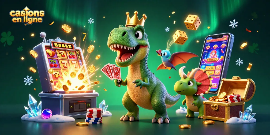Illustration colorée de jeux de casinos en ligne avec un T-Rex et un ptérodactyle