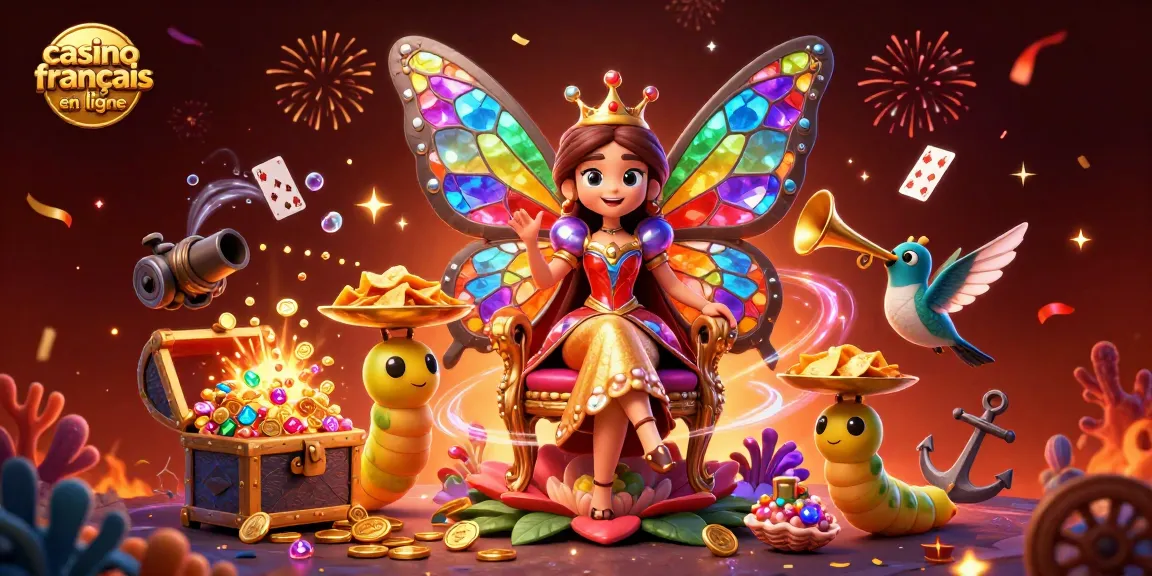 Plongez dans l'univers du casino français en ligne avec cette illustration colorée de la reine papillon.