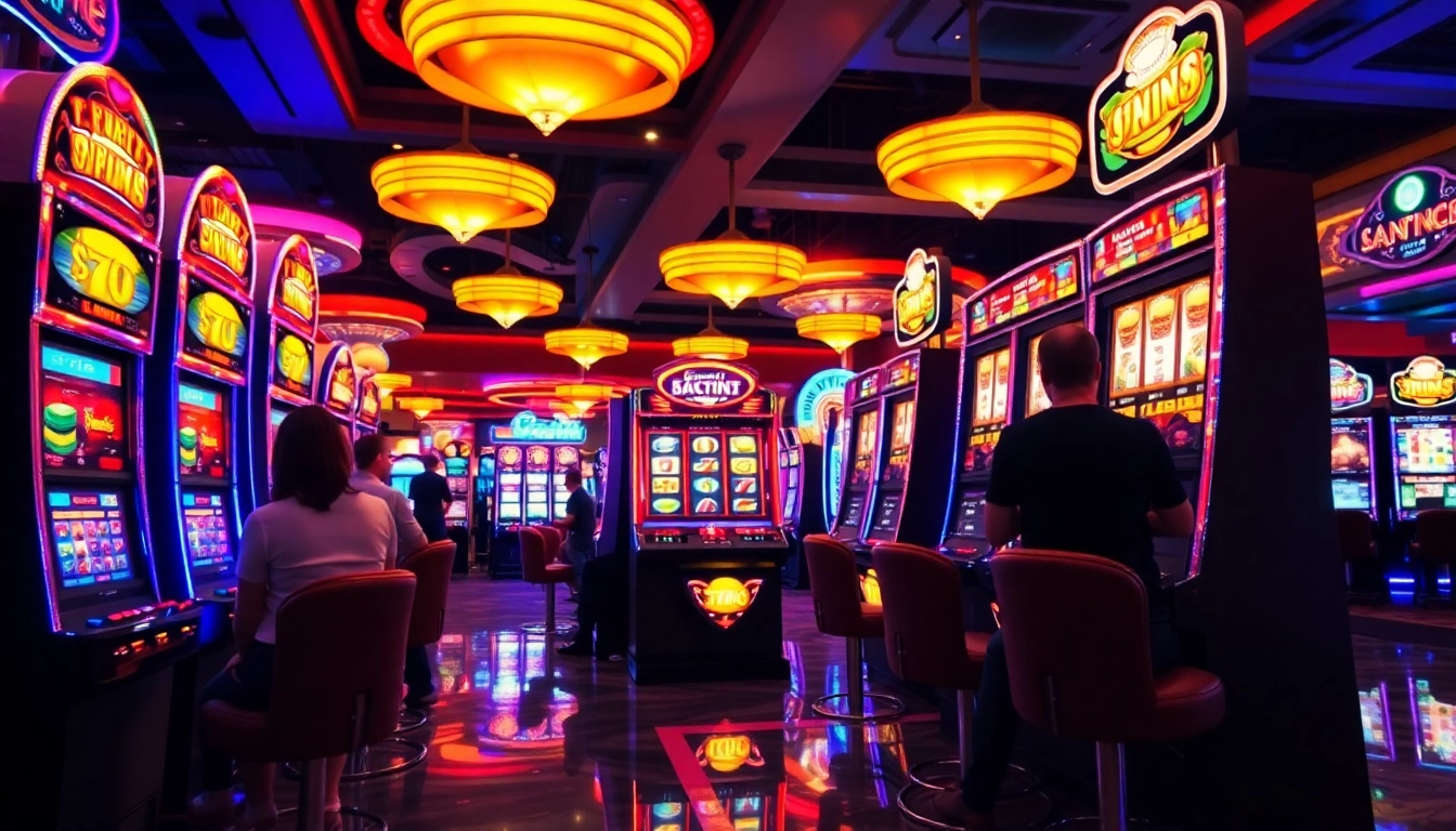 Menangkan permainan Slot77 dengan mesin slot berwarna-warni di kasino yang ramai.