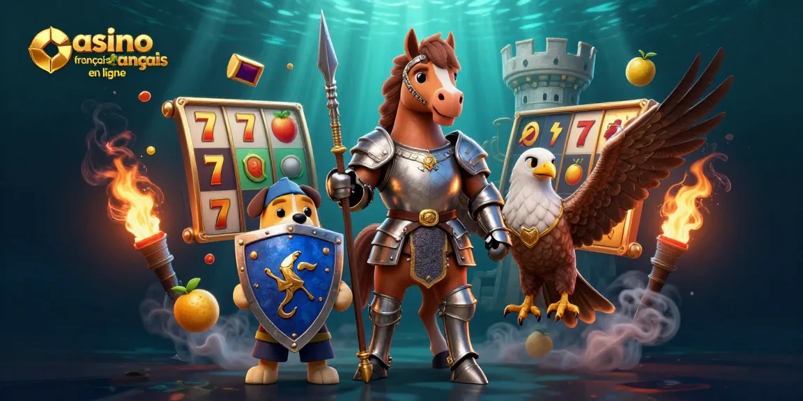 Vivez l'expérience de jeu de casino français en ligne avec un chevalier, un chiot et un faucon, entourés de machines à sous et de jackpots.