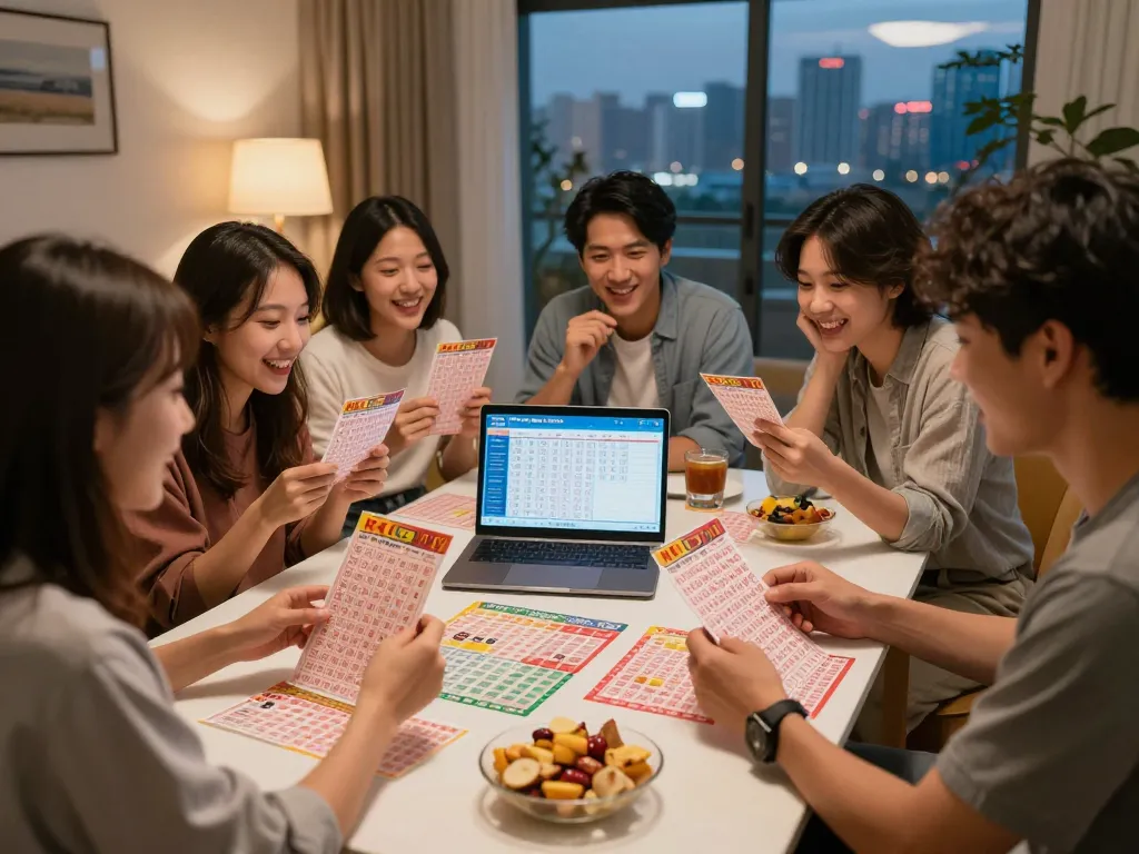 Friends eagerly checking their HK Lotto tickets, filled with excitement and anticipation.