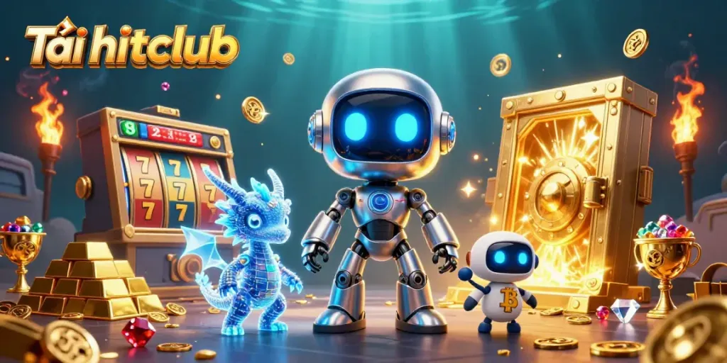 Engage with Tải hitclub by exploring a vibrant casino world illustrated in 3D with cyberpunk characters and gaming elements.