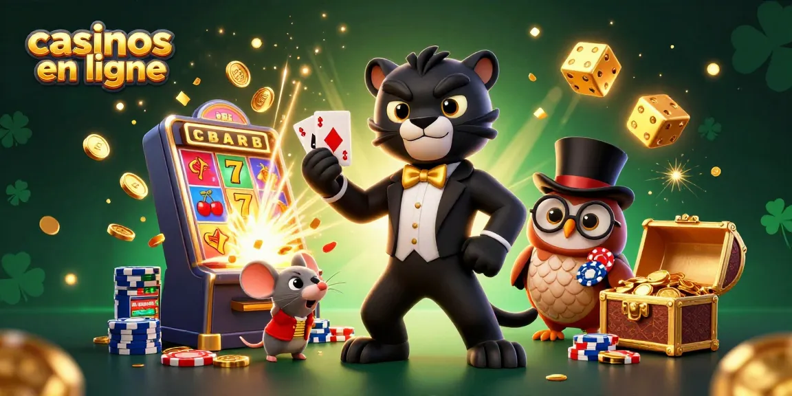 Les casinos en ligne avec un panthère en tuxedo, une chouette élégante, et une souris chanceuse parmi des machines à sous riches.