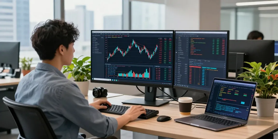Taiwan stock historical Kline API displayed on a developer's monitor in a dynamic fintech workspace.