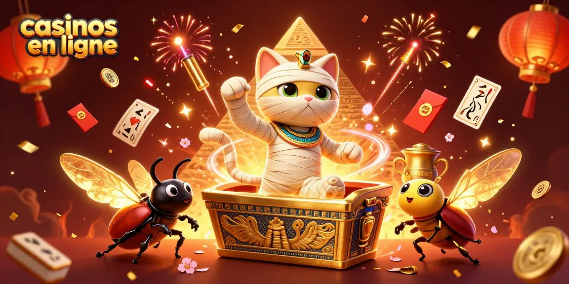Jouer aux casinos en ligne avec un chat momie 3D et des cartes anciennes flottantes.