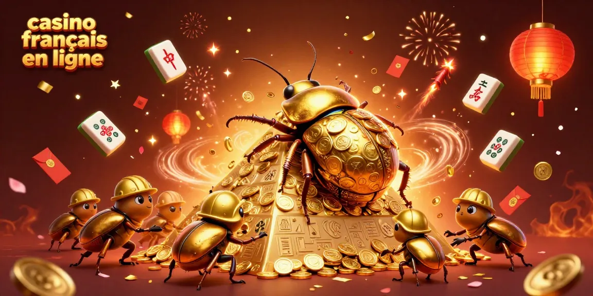 Illustration d'un casino francais en ligne avec un scarabée doré en 3D et des éléments festifs.