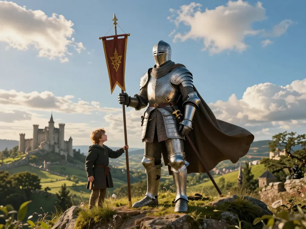 The Knight of the Seven Kingdoms stands heroically on a hilltop with his squire, showcasing a medieval landscape filled with castles and greenery.