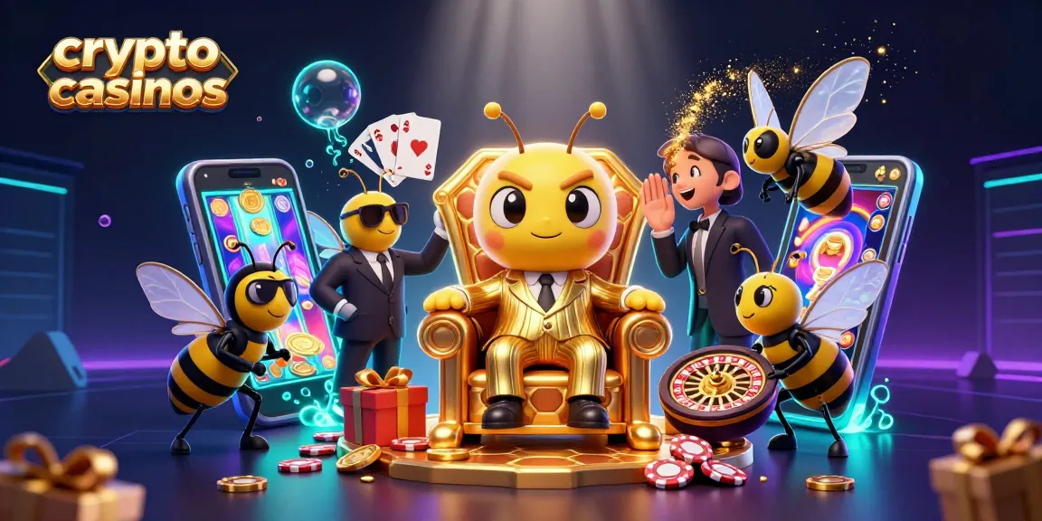 Illustration dynamique sur les crypto casinos, mettant en avant un roi des abeilles et éléments de jeux de casino.